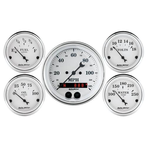 Autometer Gauge Kit, 5 Pc., 3 3/8" & 2 1/16", Gps Speedometer, Old Tyme White, Old-Tyme White