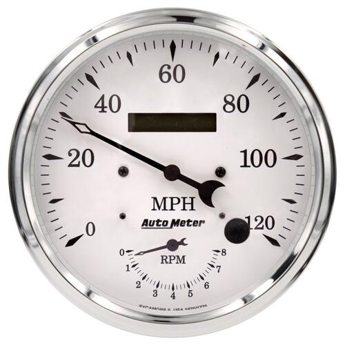 Autometer Gauge, Tach/Speedo, 5", 120Mph & 8K Rpm, Elec. Program., Old Tyme White, Old Tyme White