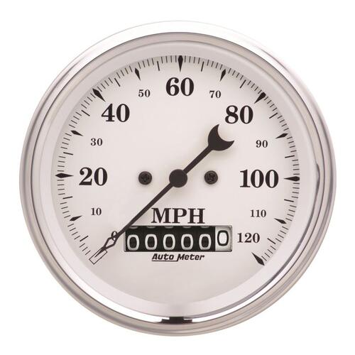 Autometer Gauge, Speedo., 3 3/8", 120Mph, Elec. Prog. W/ Wheel Odo, Old Tyme White, Old-Tyme White