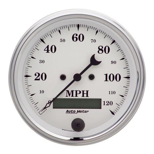 Autometer Gauge, Speedo., 3 3/8", 120Mph, Elec. Prog. W/ Lcd Odo, Old Tyme White, Old-Tyme White
