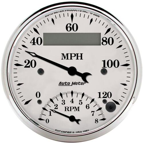 Autometer Gauge, Tach/Speedo, 3 3/8", 120Mph & 8K Rpm, Elec. Program., Old Tyme Wht, Old-Tyme White