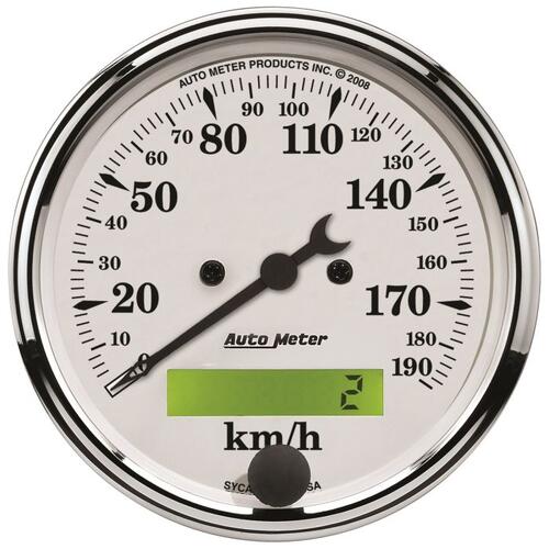 Autometer Gauge, Speedometer, 3 1/8", 190Km/H, Elec. Prog. W/ Lcd Odo, Old Tyme White, Old-Tyme Whit