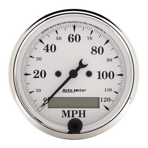 Autometer Gauge, Speedo., 3 1/8", 120Mph, Elec. Prog. W/ Lcd Odo, Old Tyme White, Old-Tyme White