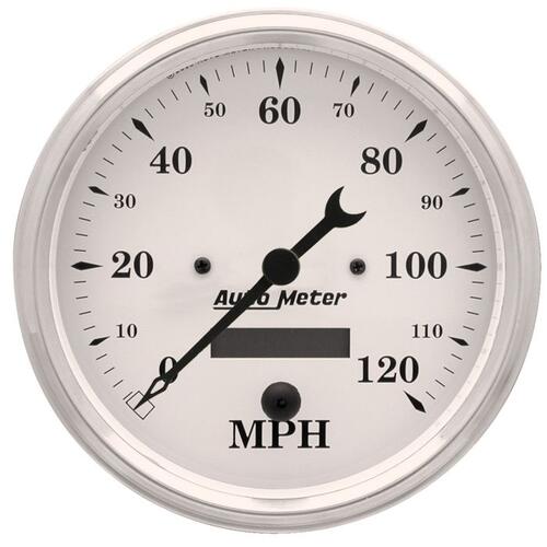 Autometer Gauge, Speedo., 5", 120Mph, Elec. Prog. W/ Lcd Odo, Old Tyme White, Old-Tyme White