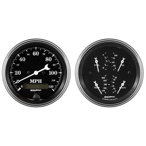 Autometer Gauge Kit, 2 Pc., Quad & Speedometer, 3 3/8", Old Tyme Black, Old Tyme Black