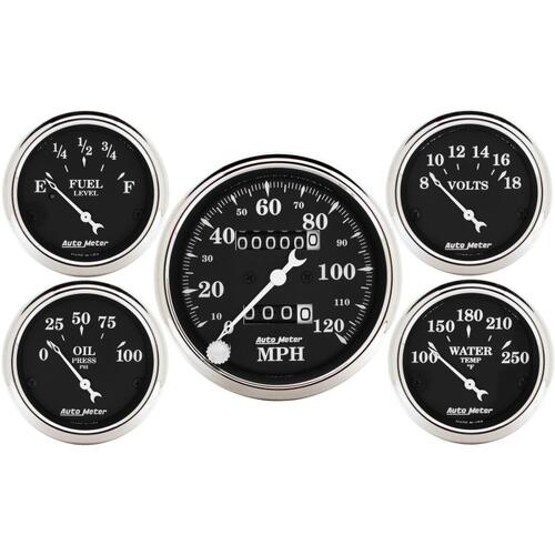Autometer Gauge Kit, 5 Pc., 3 1/8" & 2 1/16", Mech. Speedometer, Old Tyme Black, Old Tyme Black