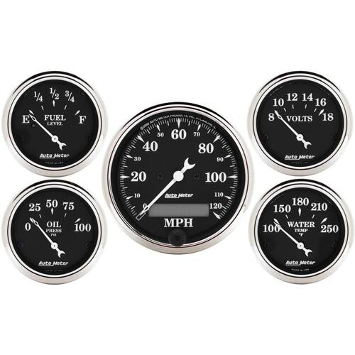 Autometer Gauge Kit, 5 Pc., 3 1/8" & 2 1/16", Elec. Speedometer, Old Tyme Black, Old Tyme Black