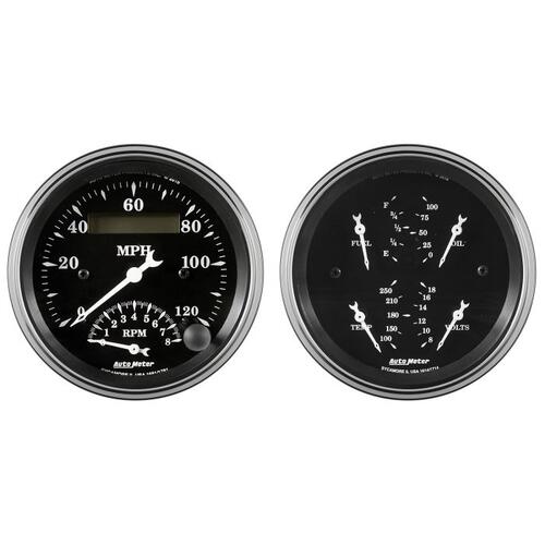 Autometer Gauge Kit, 2 Pc., Quad & Tach/Speedo, 3 3/8", Old Tyme Black, Old Tyme Black