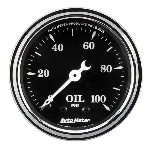 Autometer Gauge, Oil Press, 2 1/16", 100Psi, Mech, Old Tyme Black, Old Tyme Black