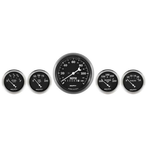 Autometer Gauge Kit, 5 Pc., 3 3/8" & 2 1/16", Elec. Speedometer, Old Tyme Black, Old Tyme Black