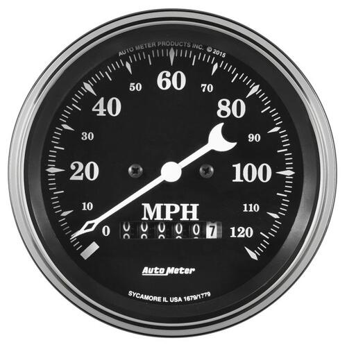 Autometer Gauge, Speedo., 3 3/8", 120Mph, Elec. Prog. W/ Wheel Odo, Old Tyme Black, Old Tyme Black