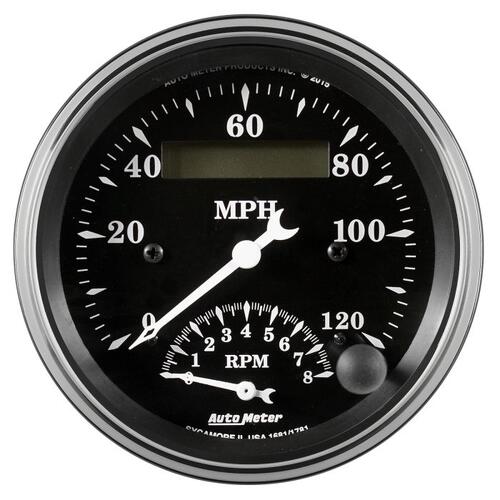 Autometer Gauge, Tach/Speedo, 3 3/8", 120Mph & 8K Rpm, Elec. Program., Old Tyme Blk, Old Tyme Black