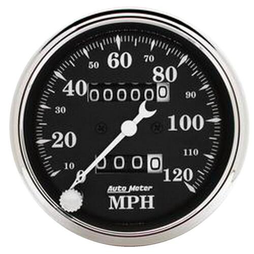 Autometer Gauge, Speedo., 3 1/8", 120Mph, Mechanical, Old Tyme Blk, Old Tyme Black