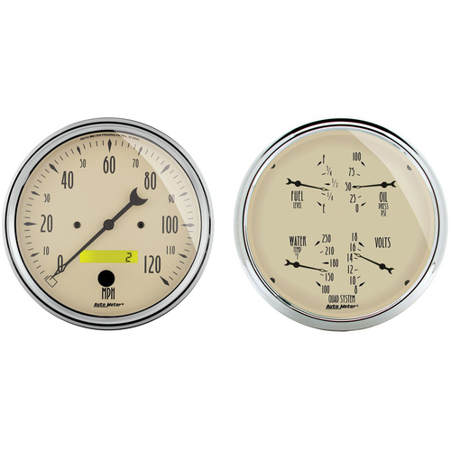 Autometer Gauge Kit, Antique Beige, Quad, Fuel Level, Volts, Oil Pressure, Water Temperature & Speedometer, 3 3/8 in., Set of 2