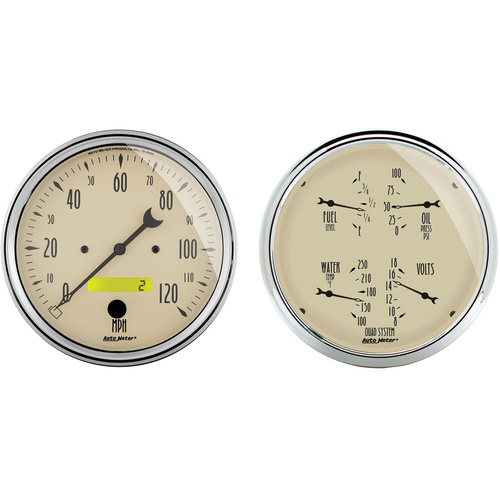 Autometer Gauge Kit, Antique Beige, Quad, Fuel Level, Volts, Oil Pressure, Water Temperature & Speedometer, 5 in., Set of 2