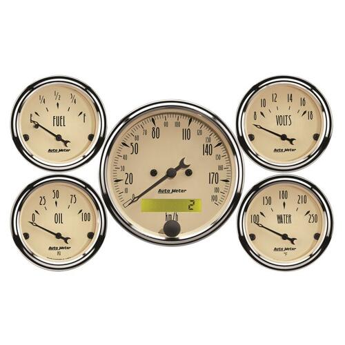 Autometer Gauge Kit, 5 Pc., 3 1/8" & 2 1/16", Elec. Km/H Speedometer, Antique Beige, Antique Beige