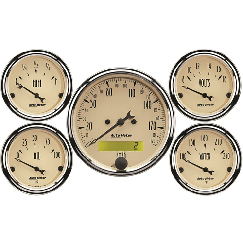 Autometer Gauge Kit, Speedometer, Antique Beige, 3 1/8 in. & 2 1/16 in., Electrical, KM/H, Set of 5