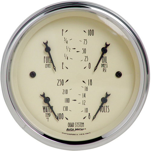 Autometer Gauge, Antique Beige, Quad, Fuel Level, Volts, Oil Pressure, Water Temperature, 3 3/8 in., 240-33 Ohms, Electrical, Each