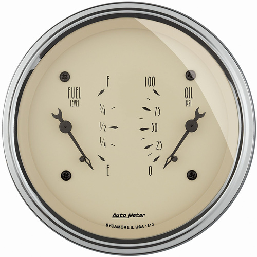 Autometer Gauge, Antique Beige, Dual, FUEL & Oil Pressure, 3 3/8 in., 240-33 Ohms & 100psi, Electrical, Each