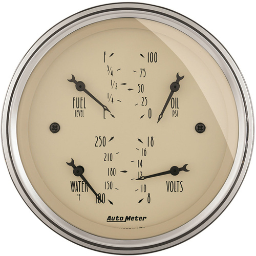 Autometer Gauge, Antique Beige, Quad, Fuel Level, Volts, Oil Pressure, Water Temperature, 3 3/8 in., 0-90 Ohms, Electrical, Analog, Each