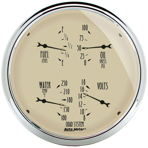 Autometer Gauge, Antique Beige, Quad, Fuel Level, Volts, Oil Pressure, Water Temperature, 5 in., 0-90 Ohms, Electrical, Each