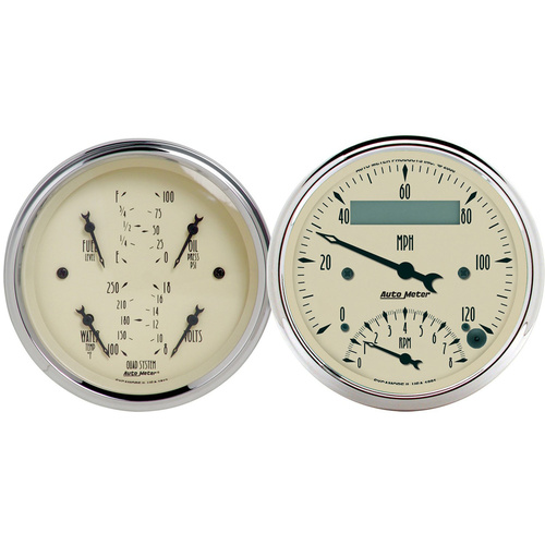 Autometer Gauge Kit, Antique Beige, Quad, Fuel Level, Volts, Oil Pressure, Water Temperature & Tachometer/Speedometer, 3 3/8 in., Analog, Set of 2