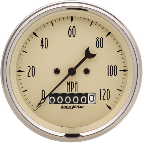 Autometer Gauge, Antique Beige, Speedometer, 3 3/8 in., 120mph, Electric Programmable w/ Wheel Odemeter, Analog, Each