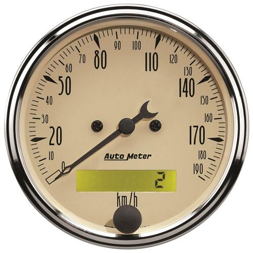 Autometer Gauge, Speedometer, 3 1/8", 190Km/H, Elec. Prog. W/ Lcd Odo, Antique Beige, Antique Beige