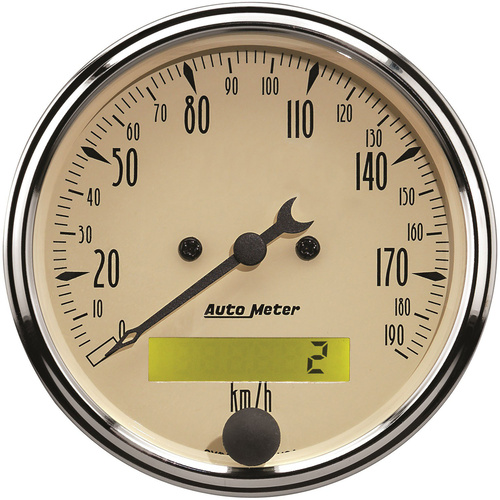 Autometer Gauge, Antique Beige, Speedometer, 3 1/8 in., 190km/h, Electric Programmable w/ LCD Odometer, Each