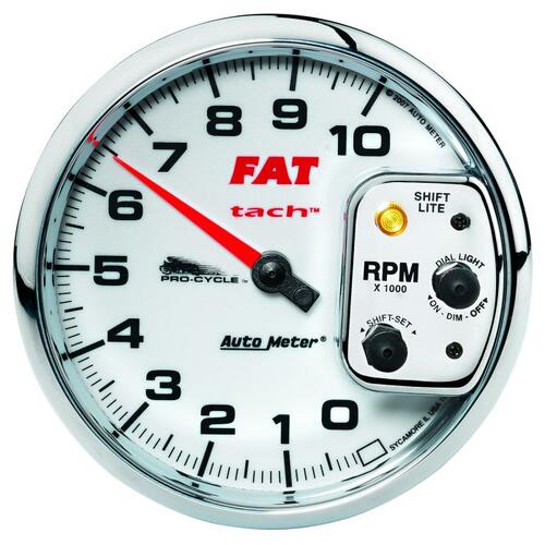 Autometer Gauge, Tach, 5", 10K Rpm, Shift- Lite, 2&4 Cylinder, White, Fat Tach, Pro-Cycle, Pro-Cycle