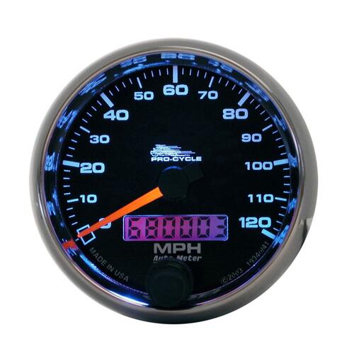 Autometer Gauge, Speedo, 2 5/8", 120 Mph, Elec, Black, Pro-Cycle, Pro-Cycle