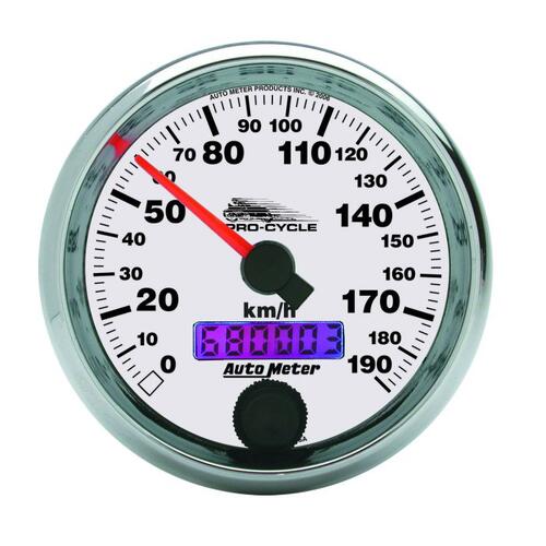 Autometer Gauge, Speedo, 2 5/8", 190 Km/H, Elec, White, Pro-Cycle, Pro-Cycle
