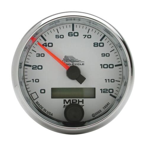 Autometer Gauge, Speedo, 2 5/8", 120 Mph, Elec, White, Pro-Cycle, Pro-Cycle