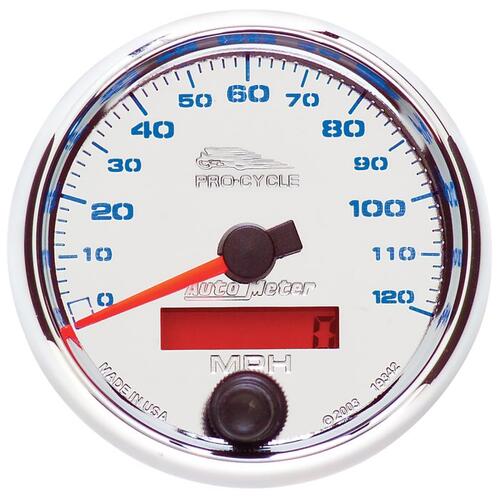 Autometer Gauge, Speedo, 2 5/8", 120 Mph, Elec, Chrome, Pro-Cycle, Pro-Cycle