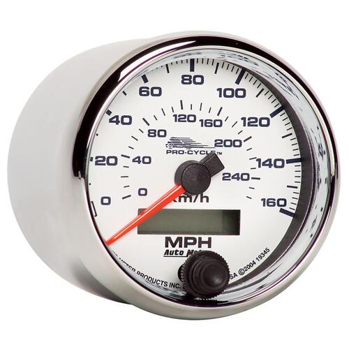 Autometer Gauge, Speedo, 2 5/8", 160 Mph/260Km/H, Elec, White, Pro-Cycle, Pro-Cycle