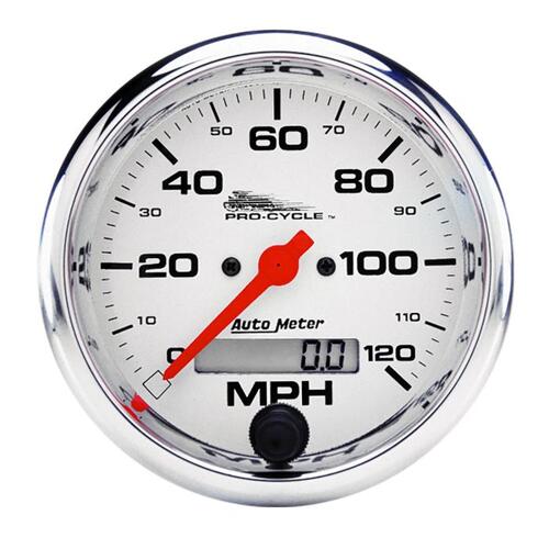 Autometer Gauge, Speedo, 3 3/4", 120 Mph, Elec, White, Pro-Cycle, Pro-Cycle