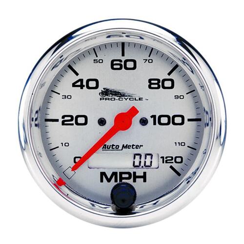 Autometer Gauge, Speedo, 3 3/4", 120 Mph, Elec, Silver, Pro-Cycle, Pro-Cycle
