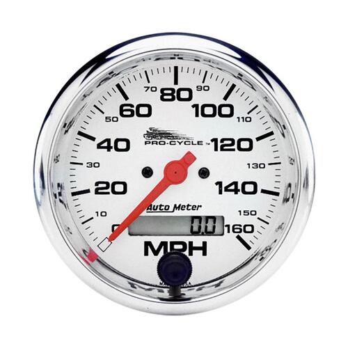 Autometer Gauge, Speedo, 3 3/4", 160 Mph, Elec, White, Pro-Cycle, Pro-Cycle