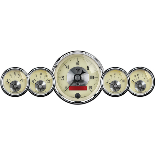 Autometer Gauge Kit, Prestige, Speedometer, 3 3/8 in. & 2 1/16 in., Electrical, W/LCD Odometer, Antique Ivory, Analog, Set of 5