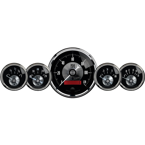 Autometer Gauge Kit, Prestige, Speedometer, 3 3/8 in. & 2 1/16 in., Electrical W/LCD Odometer, Black Diamond, Analog, Set of 5