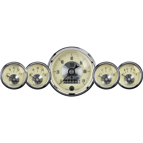 Autometer Gauge Kit, Prestige, Speedometer, 3 3/8 in. & 2 1/16 in., Electrical W/Wheel Odometer, Antique Ivory, Analog, Set of 5