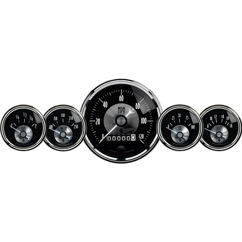 Autometer Gauge Kit, Prestige, Speedometer, 3 3/8 in. & 2 1/16 in., Electrical W/Wheel Odometer, Black Diamond, Set of 5