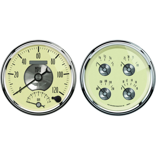 Autometer Gauge Kit, Prestige, Quad, Fuel Level, Volts, Oil Pressure, Water Temperature & Tachometer/Speedometer, 5 in., Antique Ivory, Set of 2