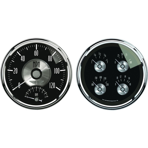 Autometer Gauge Kit, Prestige, Quad, Fuel Level, Volts, Oil Pressure, Water Temperature & Tachometer/Speedometer, 5 in., Black Diamond, Set of 2