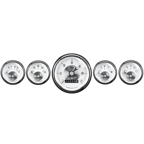 Autometer Gauge Kit, Prestige, Speedometer, 3 3/8 in. & 2 1/16 in., Electrical, w/ Wheel Odometer, Pearl, Set of 5