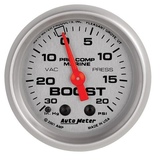 Autometer Gauge, Vac/Boost, 2 1/16", 30Inhg-20Psi, Mechanical, Marine Silver, Marine Silver Ultra-Li