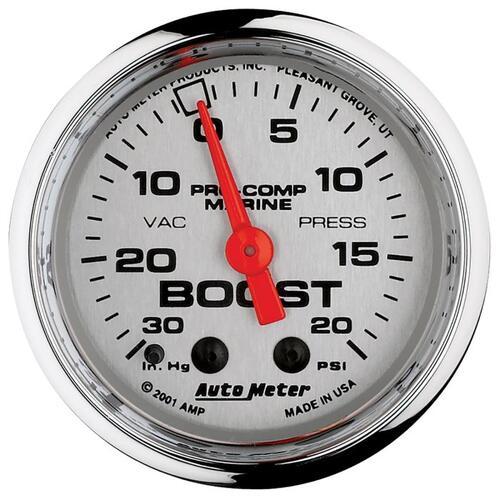 Autometer Gauge, Vac/Boost, 2 1/16", 30Inhg-20Psi, Mechanical, Marine Chrome, Marine Chrome Ultra-Li