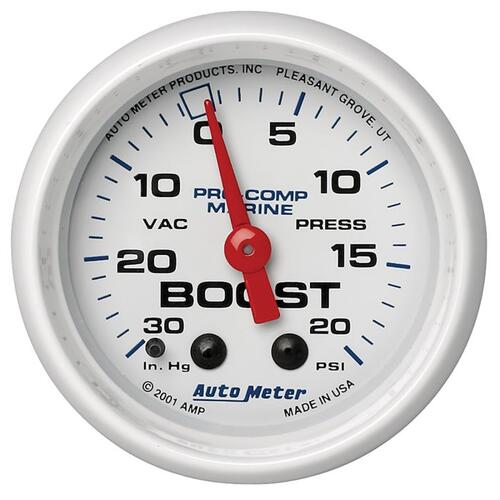 Autometer Gauge, Vac/Boost, 2 1/16", 30Inhg-20Psi, Mechanical, Marine White, Marine White