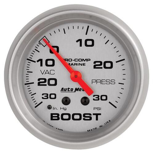 Autometer Gauge, Vac/Boost, 2 5/8", 30Inhg-30Psi, Mechanical, Marine Silver, Marine Silver Ultra-Lit