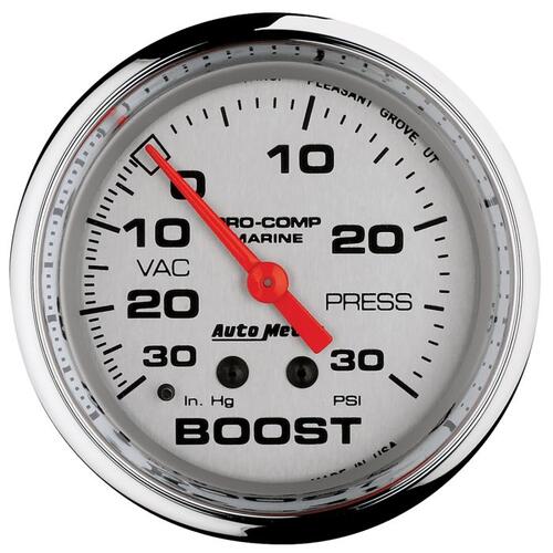 Autometer Gauge, Vac/Boost, 2 5/8", 30Inhg-30Psi, Mechanical, Marine Chrome, Marine Chrome Ultra-Lit